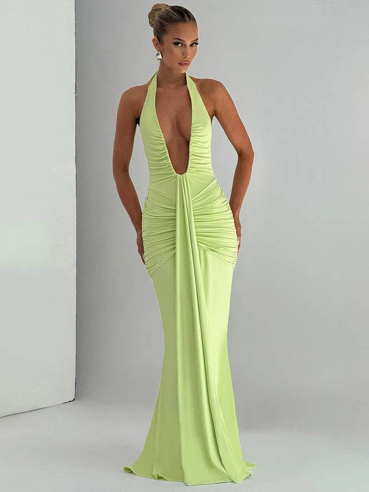 Mozision Sexy Deep V Neck Backless Maxi Dress - Halter Gown for Women - Buy Center UK