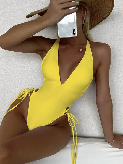 Fashion Solid Deep V Neck One Piece Swimsuit - Stylish Monokini for Women - Buy Center UK