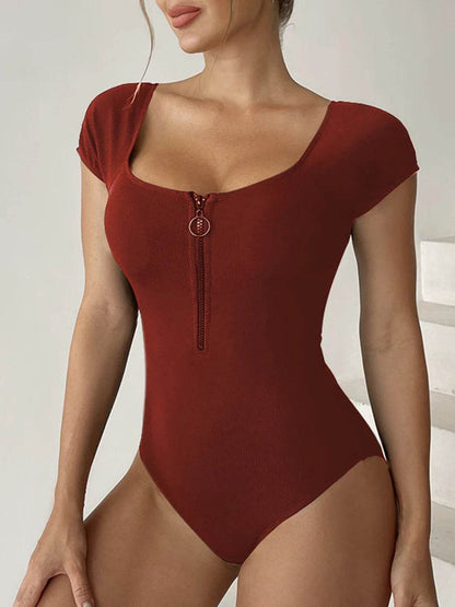 Buy Center Women's Short Sleeve Swimsuit - Zipper One Piece Bathing Suit - Buy Center UK