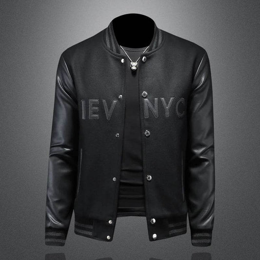 Buy Center Slim Fit Baseball Jacket - Stand Up Collar, Fabric Splicing - Buy Center UK