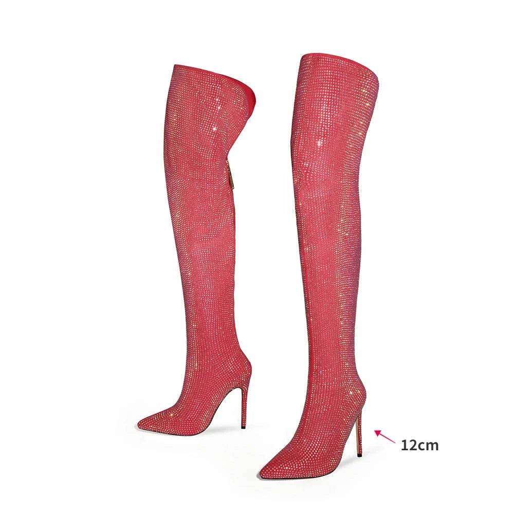 Buy Center Knee-Length Rhinestone Boots - Sexy Slim High Heels - Buy Center UK
