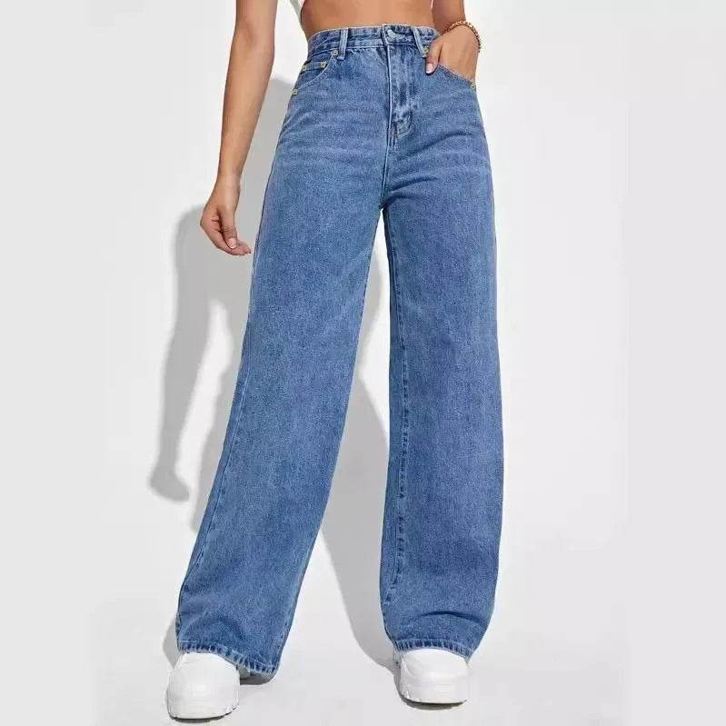 Trendy Mid Waist Straight Leg Jeans - Comfortable Blue Denim Pants - Buy Center UK