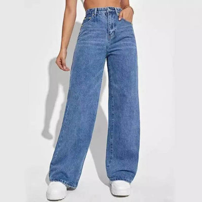 Trendy Mid Waist Straight Leg Jeans - Comfortable Blue Denim Pants - Buy Center UK