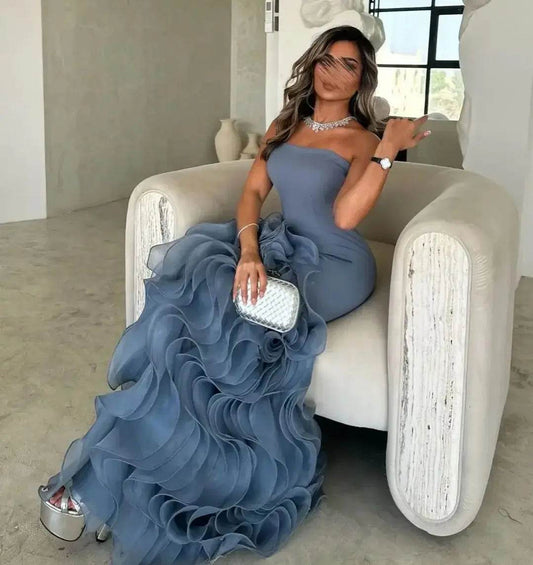 Strapless Mermaid Blue Evening Dress - Elegant Floor-Length Gown - Buy Center UK