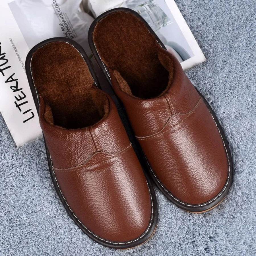 Buy Center Men's Winter Leather Slippers - Anti-Slip, Comfortable Design - Buy Center UK
