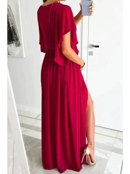 Buy Center Women's Flare Sleeve V-Neck Dress - Casual Floor Slit Style - Buy Center UK