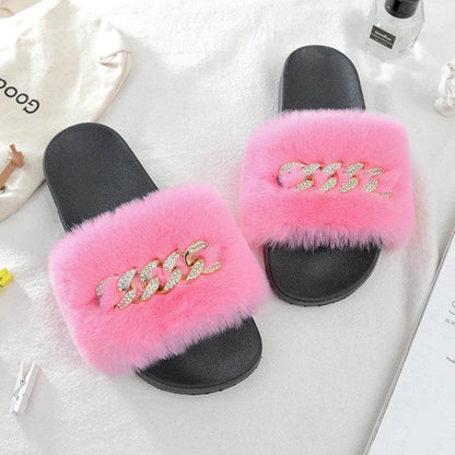 Buy Center Women's Furry Slippers - Plush Faux Rabbit Fur Slides - Buy Center UK