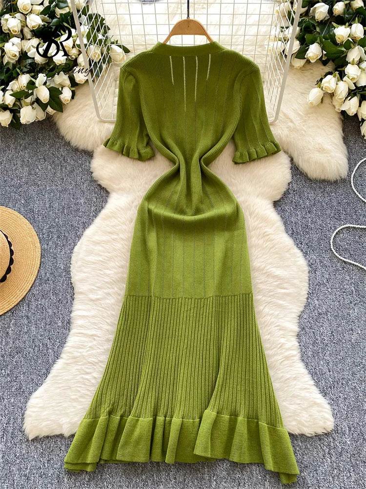 SINGREINY Women’s V Neck Button Knit Dress - Slim Mermaid Style - Buy Center UK