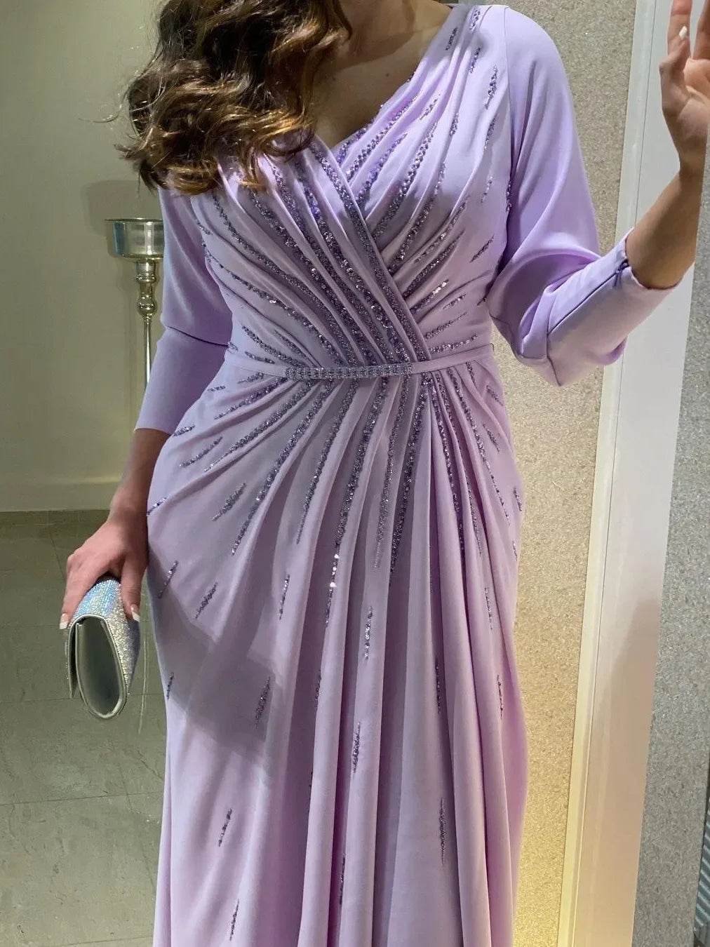 Oisslec Elegant Evening Gown - V-Neck Beaded Long Sleeve Dress - Buy Center UK