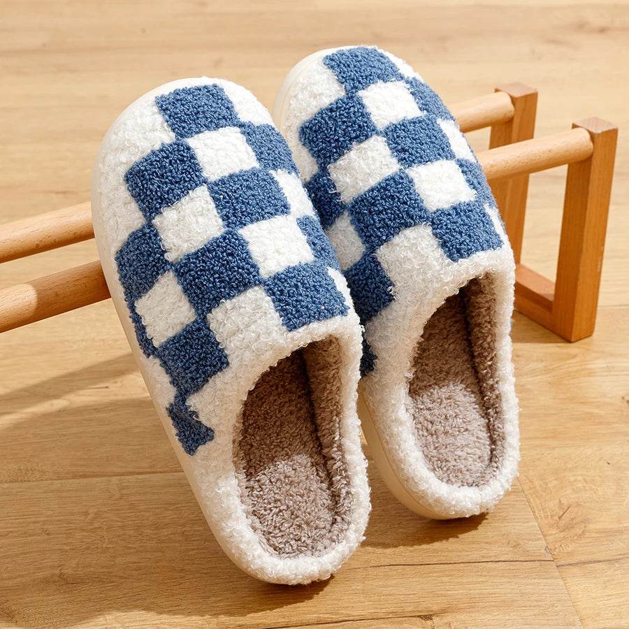 Buy Center Women's Fluffy Checker Slippers - Cozy Indoor House Shoes - Buy Center UK