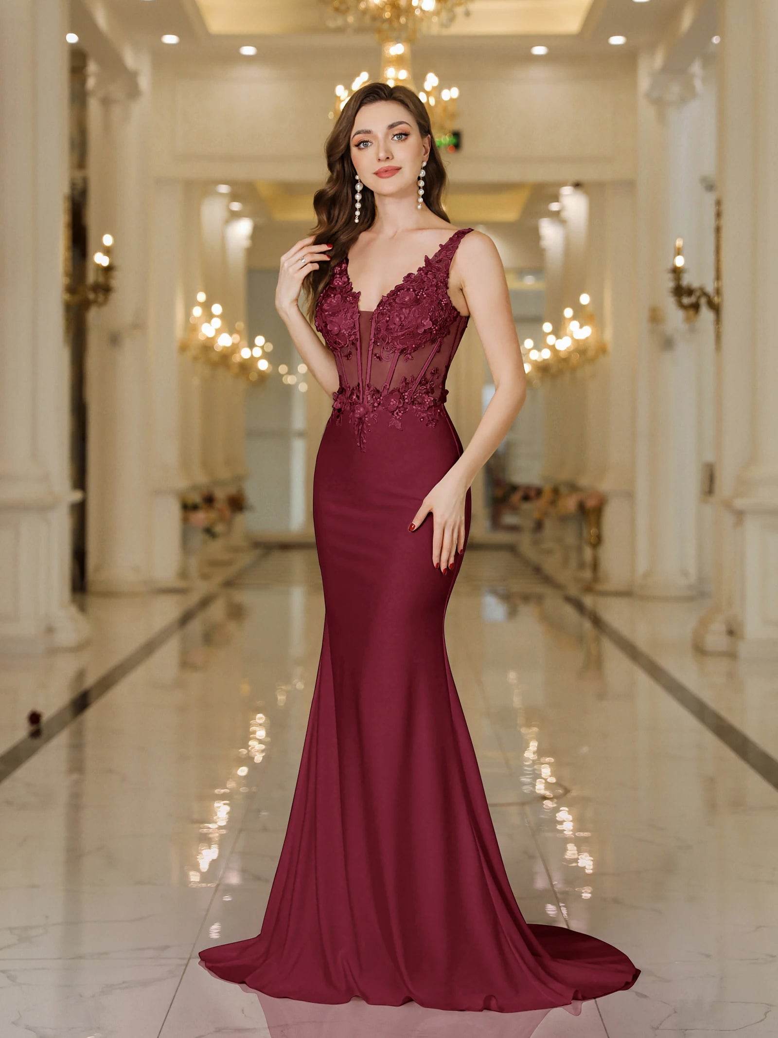 BABYONLINE Burgundy Mermaid Evening Dress - Elegant V Neck Gown - Buy Center UK