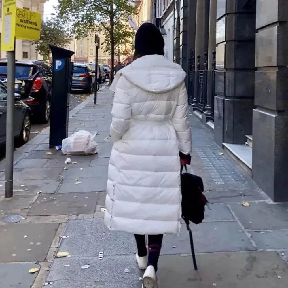 White Duck Down Jacket for Women - Slim Fit, Long Hooded Style - Buy Center UK