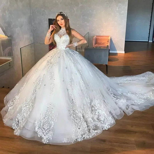 Buy Center Lace Ball Gown Wedding Dress - Beaded High Neck Design - Buy Center UK