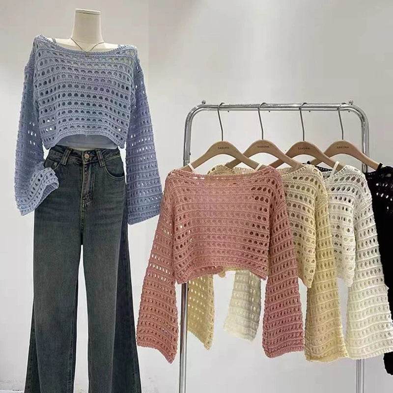 Buy Center Long Sleeve Crochet Knit Top - Summer Beach Cover-Up - Buy Center UK