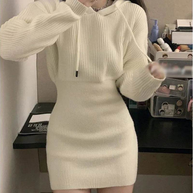 Buy Center Sexy White Knit Mini Dress - Hooded, High Waist, Long Sleeve - Buy Center UK