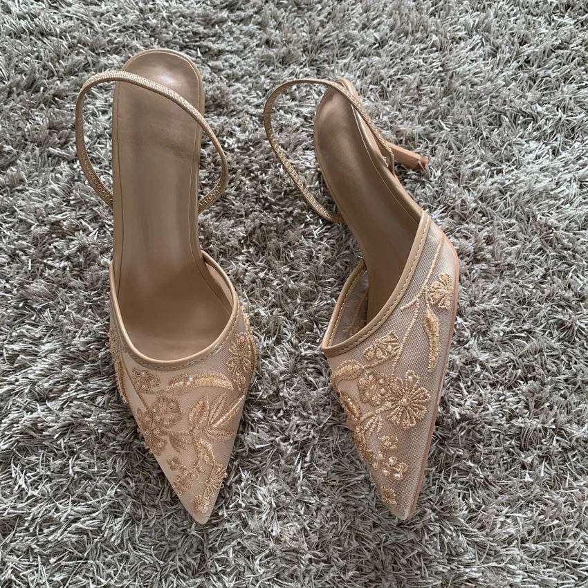 Women’s Mesh Embroidered High Heels - Slingback Pointed Toe Mules - Buy Center UK
