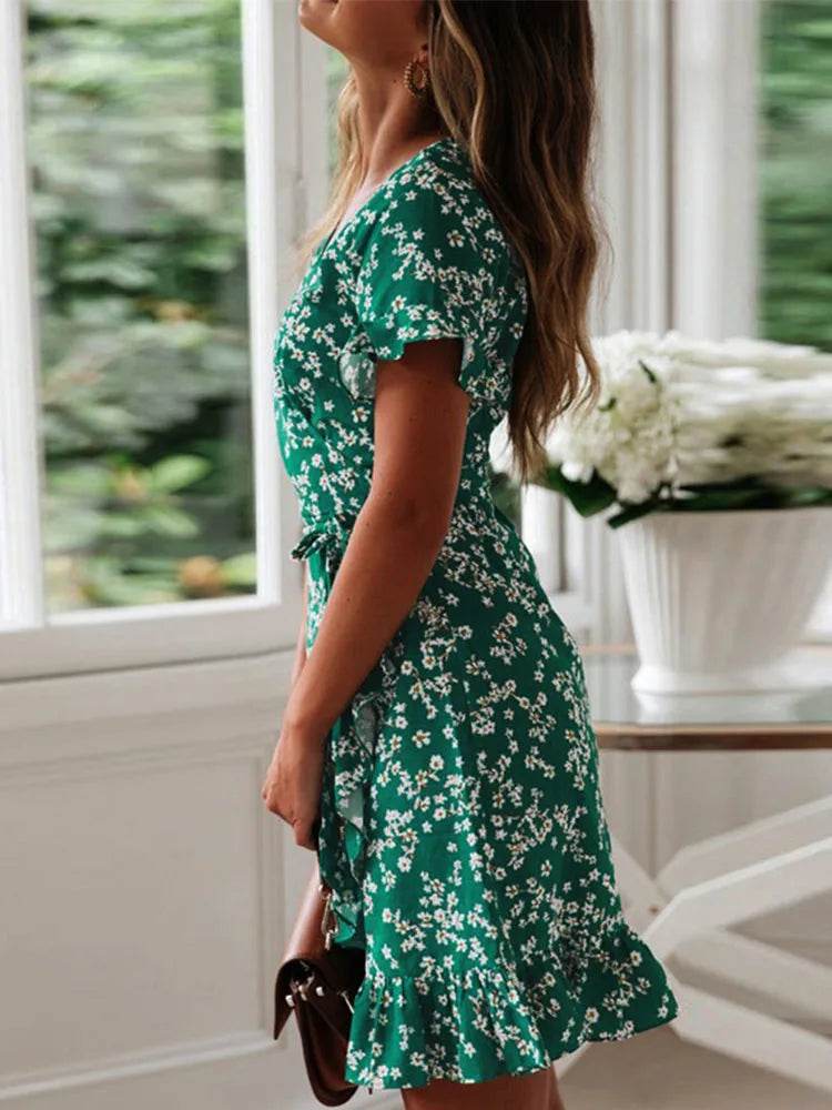 Boho Floral Ruffle Mini Dress - Sexy V Neck, Short Sleeves - Buy Center UK