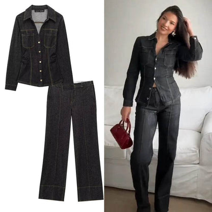 TRAF Women's Denim Pants Set 2025 - Casual Elegance with Wide Legs - Buy Center UK