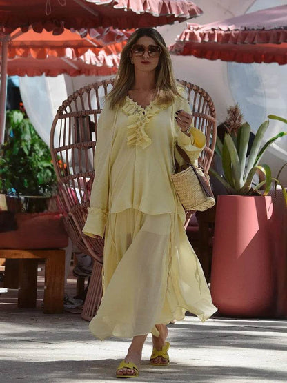 Buy Center Yellow Ruffled Lace-Up Shirt - Lightweight V Neck Blouse - Buy Center UK