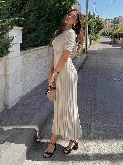Buy Center Ladies Knitted Short Sleeve Long Dress - Spring Fashion Chic - Buy Center UK