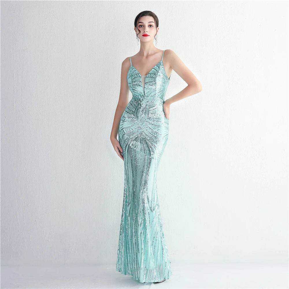 HBLL Sexy V Neck Maxi Dress - Purple Sequin Evening Gown for Parties - Buy Center UK