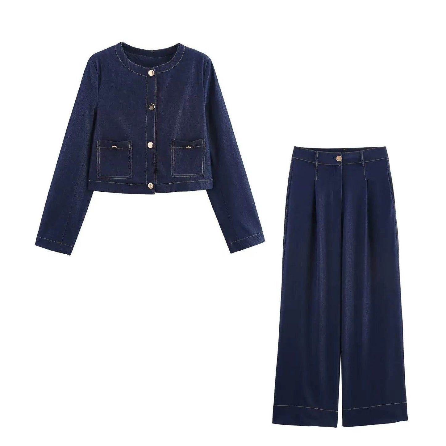 TRAFZA Women's Casual Jacket Set - O-Neck, Wide Leg Pants, Spring Style - Buy Center UK