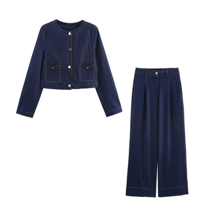 TRAFZA Women's Casual Jacket Set - O-Neck, Wide Leg Pants, Spring Style - Buy Center UK