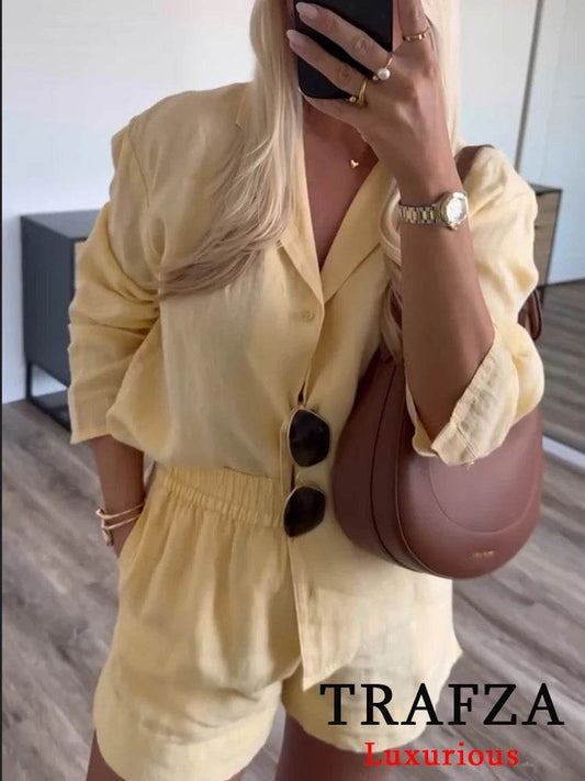 TRAFZA Casual Chic Women Yellow Suit - V-Neck Blouse & Shorts - Buy Center UK
