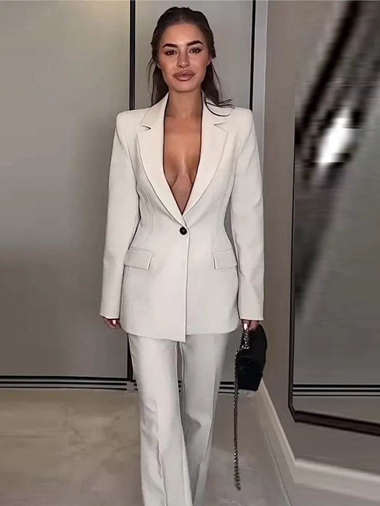 Chic Office Lady Women Suit - V Neck Blazer & Flare Pants Set - Buy Center UK