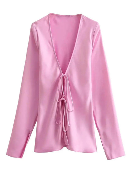 XNWMNZ Satin Silk Texture Shirt - Trendy Bow Tie, Long Sleeve Blouse - Buy Center UK