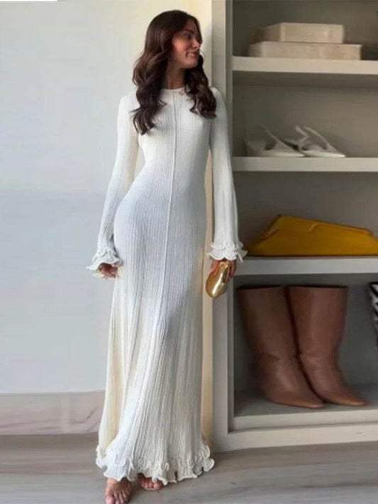 Buy Center Solid Knitted Long Dress - Slim Fit O-neck, Pleated Style - Buy Center UK