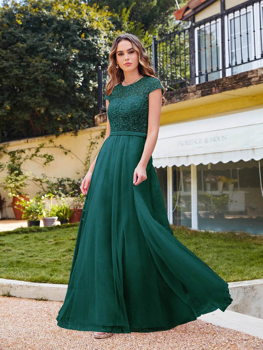Buy Center A-line Lace Dress - Scoop Neck, Elegant Short Sleeves - Buy Center UK