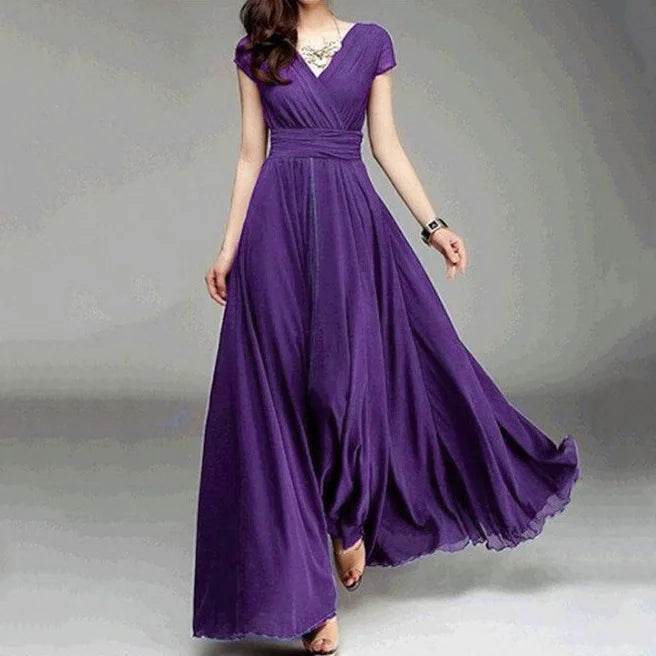 Elegant Women's Short-Sleeved Chiffon Dress - Floor-Length Bohemian Style - Buy Center UK