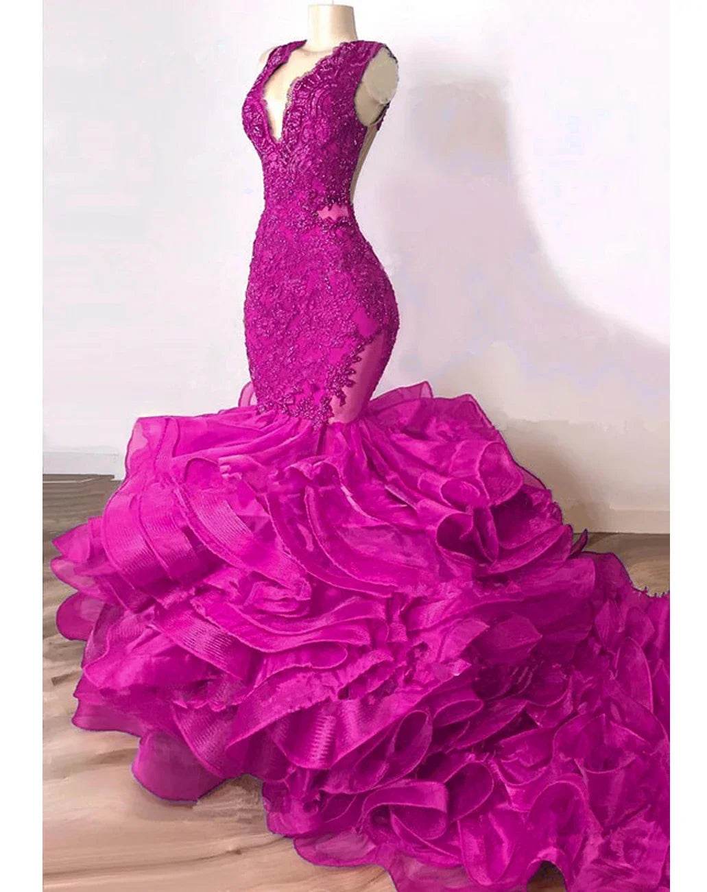 Royal Blue Lace Beaded Mermaid Dress - Elegant Puffy Ruffles - Buy Center UK