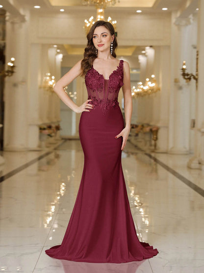 BABYONLINE Burgundy Mermaid Evening Dress - Elegant V Neck Gown - Buy Center UK