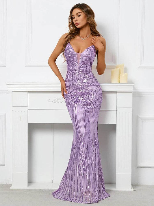 HBLL Sexy V Neck Maxi Dress - Purple Sequin Evening Gown for Parties - Buy Center UK