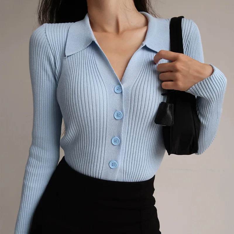 Buy Center Women's Autumn Cardigan - Stylish V-Neck Knitwear in Blue, White, Green - Buy Center UK