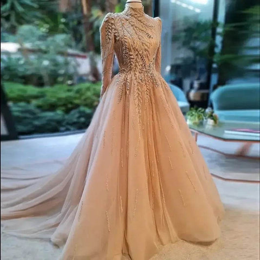 Elegant Dubai Muslim Prom Dress - High Neck Lace Applique Gown - Buy Center UK