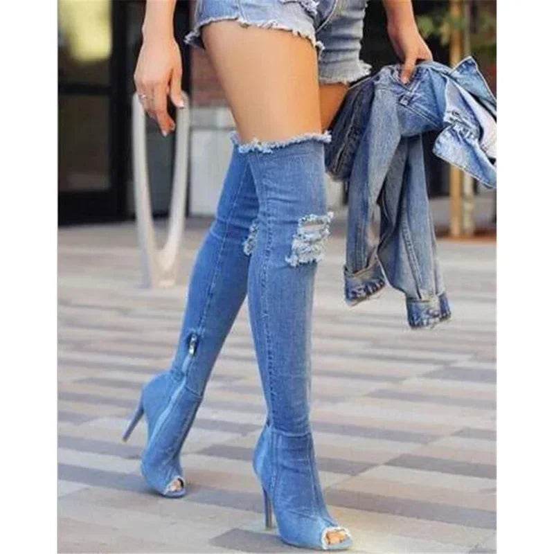 Buy Center Thigh High Peep Toe Boots - Stylish Blue Denim Design - Buy Center UK