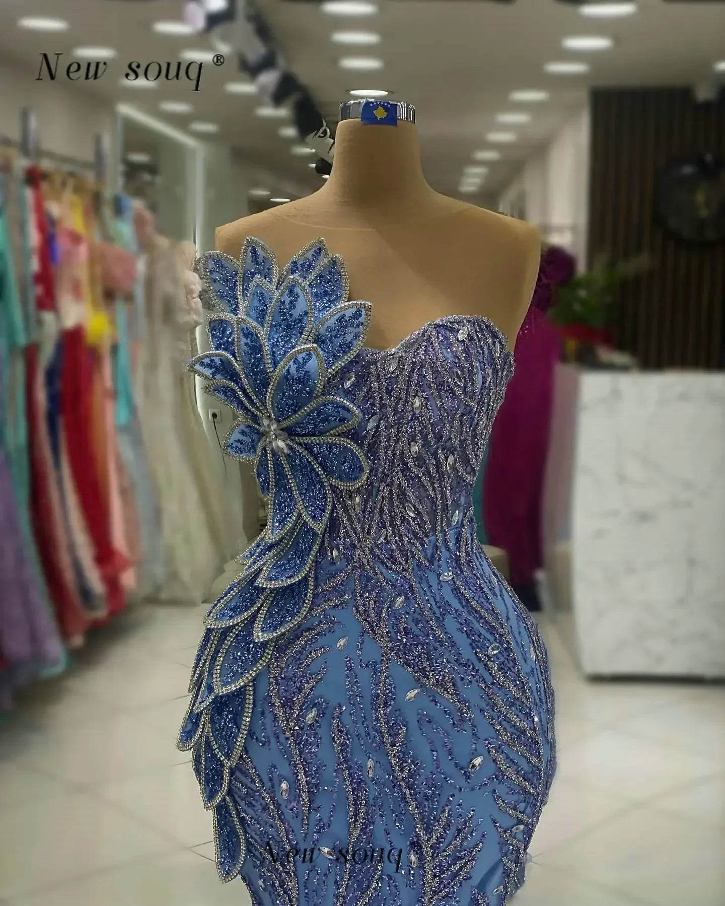 Long Blue Glitter Mermaid Evening Dress - Elegant 3D Leaf Designs - Buy Center UK