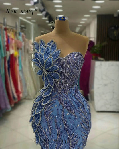 Long Blue Glitter Mermaid Evening Dress - Elegant 3D Leaf Designs - Buy Center UK