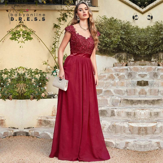 Elegant Burgundy Bridesmaid Dresses - V Neck Chiffon Maxi Gown - Buy Center UK