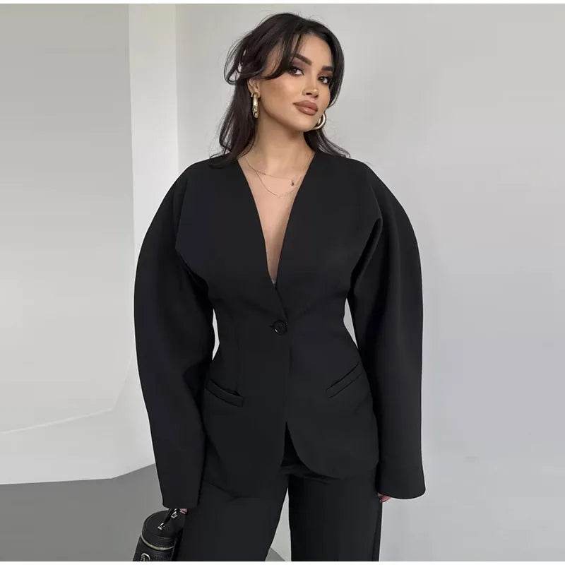 Elegant Blazer Pants Set for Women - Deep V-neck, Shoulder Pads - Buy Center UK