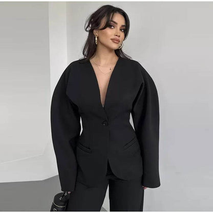 Elegant Blazer Pants Set for Women - Deep V-neck, Shoulder Pads - Buy Center UK