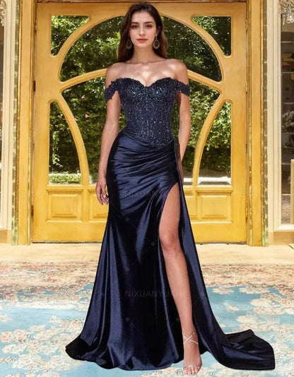 Navy Blue Strapless Satin Prom Dress – Elegant Split Evening Gown - Buy Center UK
