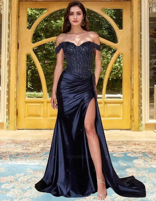 Navy Blue Strapless Satin Prom Dress – Elegant Split Evening Gown - Buy Center UK