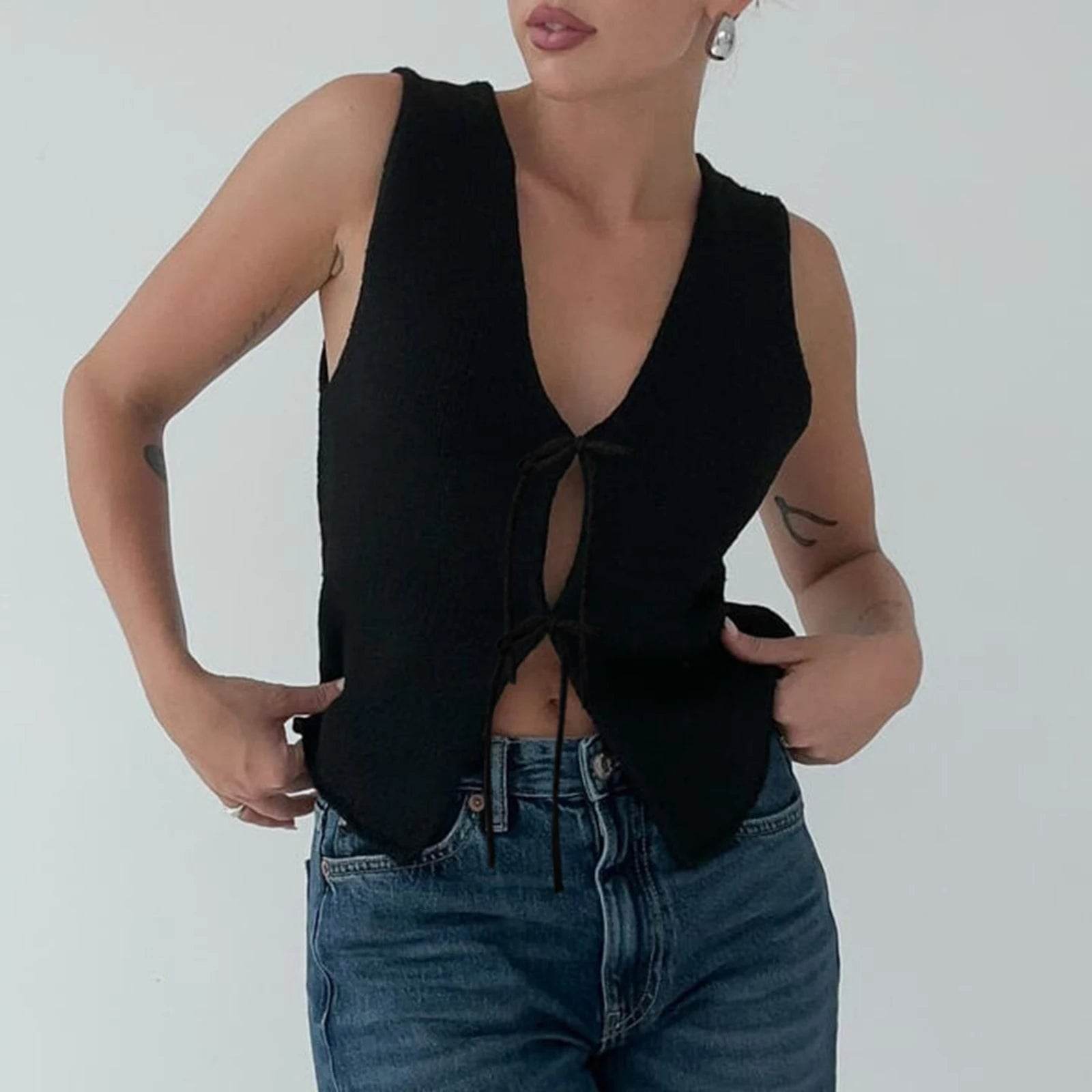 Women's Vintage Y2K Sweater Vest - Fitted Bow Knot Summer Top - Buy Center UK
