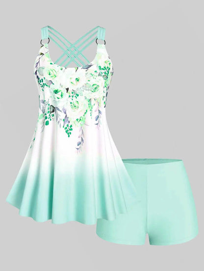 Rosegal Plus Size Ombre Floral Print Tankini Swimsuit for Women - Buy Center UK