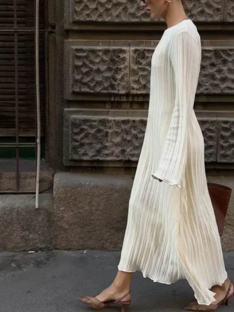 Buy Center Solid Knitted Long Dress - Slim Fit O-neck, Pleated Style - Buy Center UK