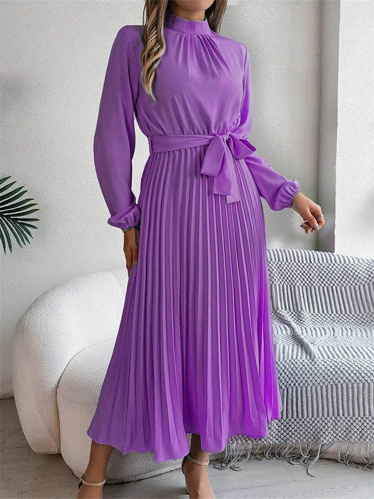 Msfilia Elegant Stand Collar Dress - Full Sleeve High Waist Design - Buy Center UK